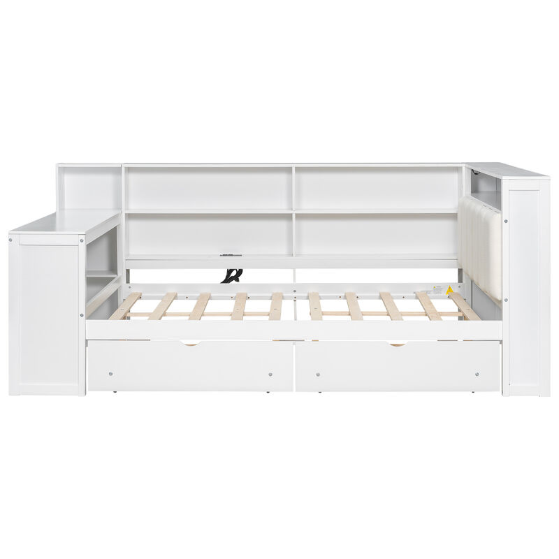 Merax Bed with Storage Shelves, Drawers, Charging Station, LED