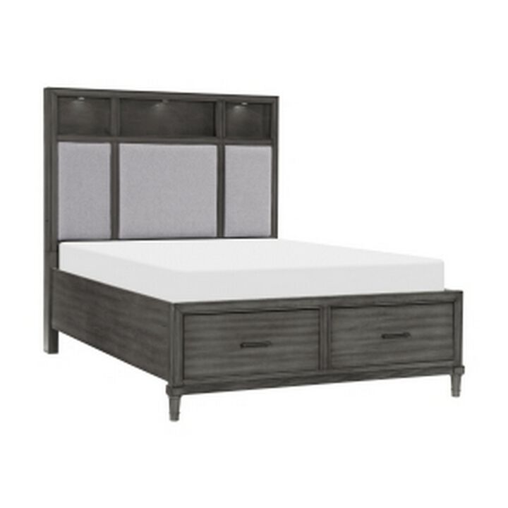 Celia Queen Platform Bed, 2 Drawers, Shelves on Headboard, Pebble Gray - Benzara
