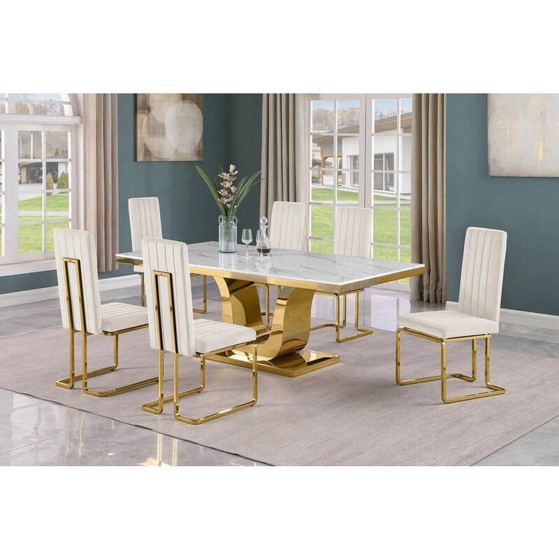 7pc Large(76") marble top dining set with gold base and 6 Cream side chairs