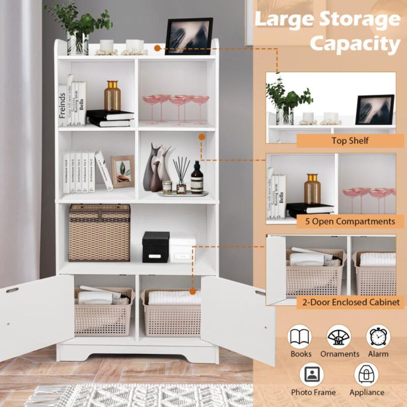 Hivvago 4 Tiers Bookshelf with 4 Cubes Display Shelf and 2 Doors-White