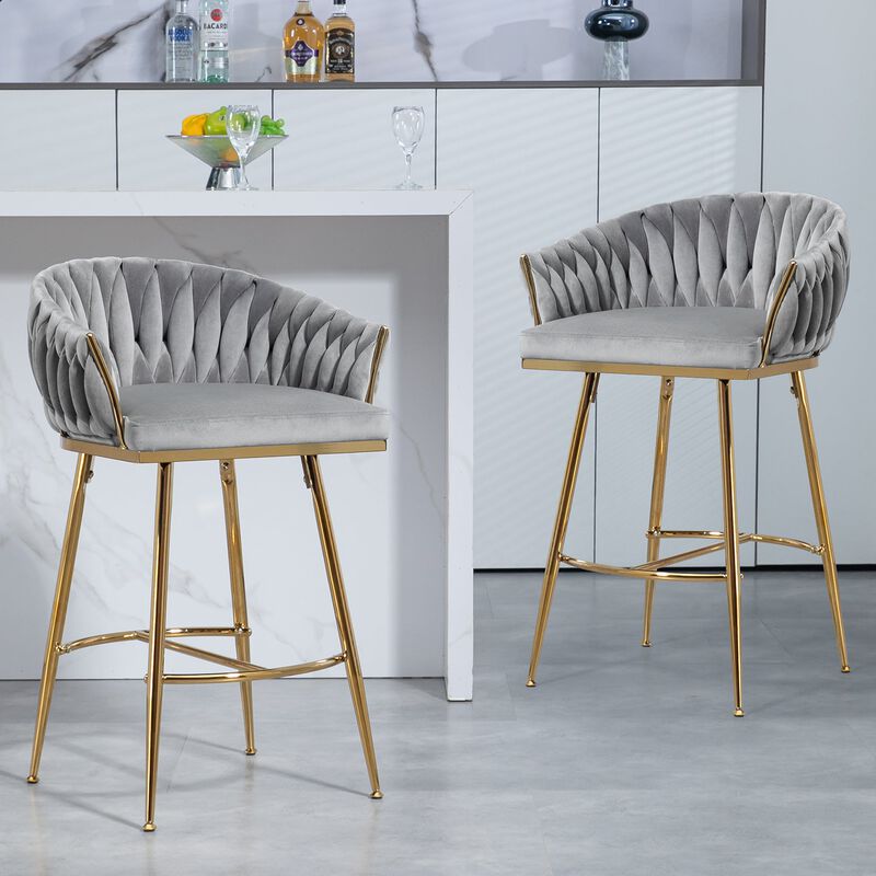 26 Inch Velvet Counter Height Bar Stool with Hand Wave Back and Golden Base for Kitchen Island image number 2