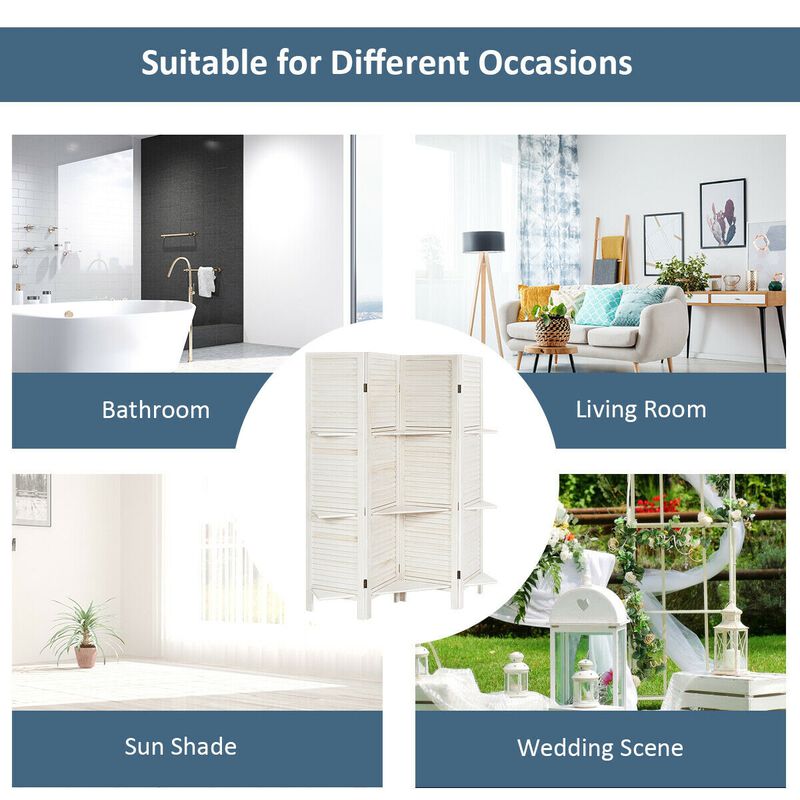 4 Panel Folding Room Divider Screen With 3 Display Shelves