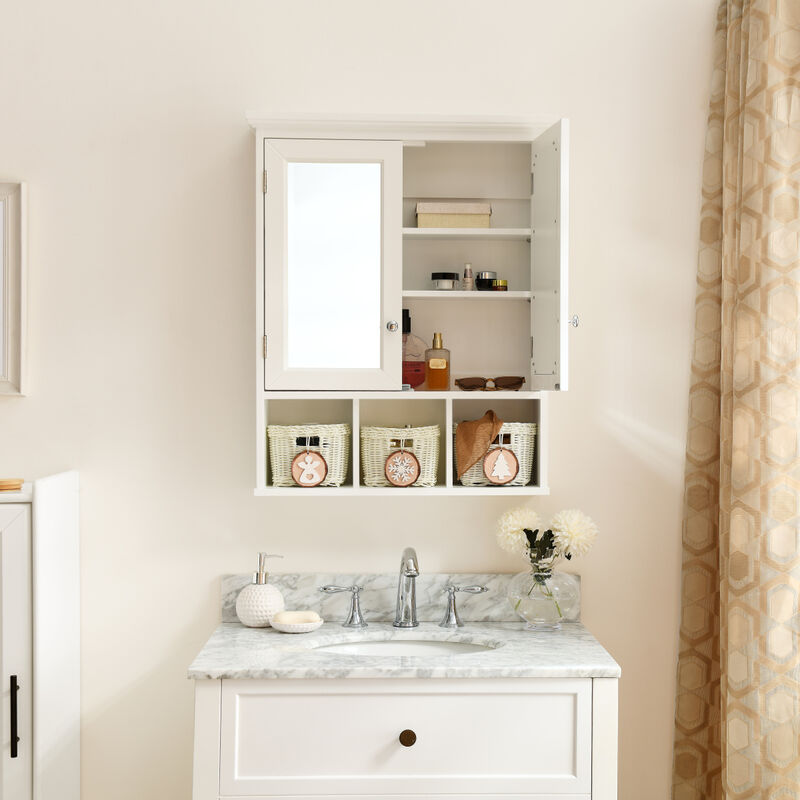 Streamdale White Wood Wall Cabinet with Mirrored Doors & Storage Baskets