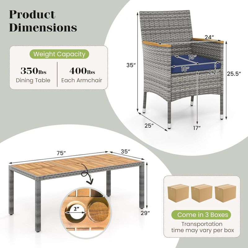 Mondawe 7-Piece Outdoor Dining Set,1 Acacia Table & 4 Gray PE Rattan Chairs With Washable Cushions