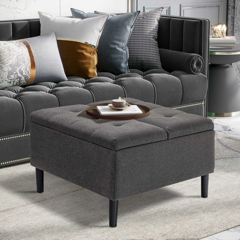 HOMCOM 30" Square Storage Ottoman, Upholstered Ottoman Coffee Table with Lift Top, Button Tufted and Wood Legs, Accent Footstool for Living Room, Dark Grey