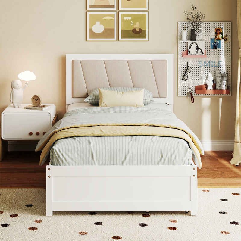 Upholstered Headboard Bed Frame with Solid Wood Construction and 2 Drawers
