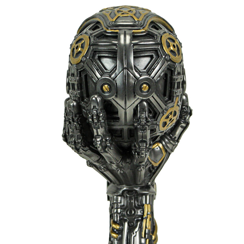 Silver / Gold Finished Steampunk Human Skull Statue - Robotic Arm Base image number 3