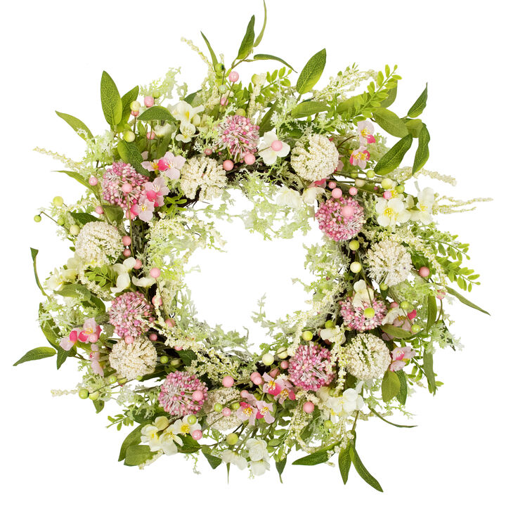 Hydrangea and Berry Floral Spring Wreath - 28" - Pink and Green