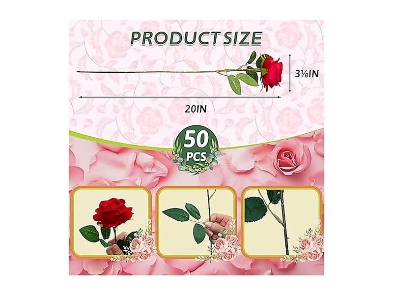 50 Pack Fake Red Roses Artificial Flowers Bulk Realistic Silk Faux Rose Stems image number 1