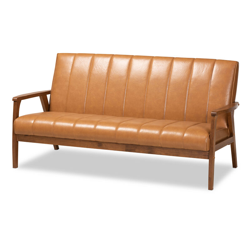 Nikko Mid Century Faux Leather Upholstered Wood Sofa image number 2