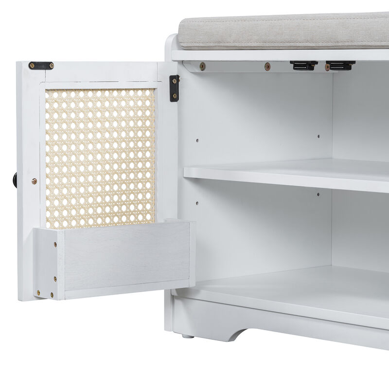 Whisen TREXM Rustic Storage Bench Multifunctional Wood Entryway Shoe Bench with Removable Cushion, Woven Rattan Doors & Adjustable Shelves image number 4