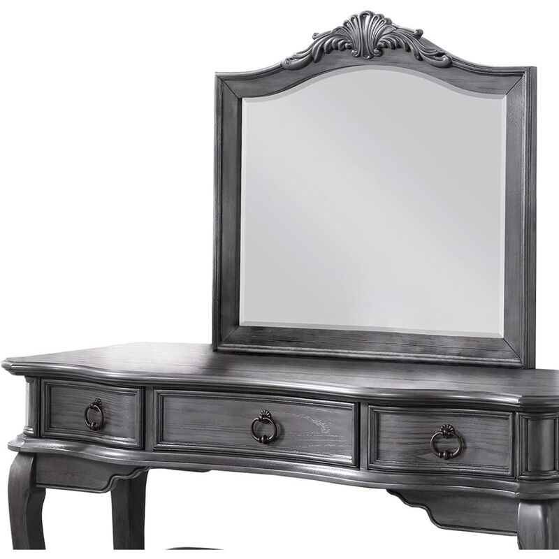 Contemporary Grey Finish Vanity Set w Stool Retro Style Drawers cabriole-tapered legs Mirror w floral crown molding Bedroom Furniture