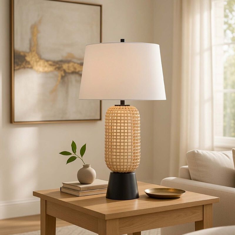 Table Lamp with LED Light, White Shade, Modern Brown Wicker, 30 Inch image number 8