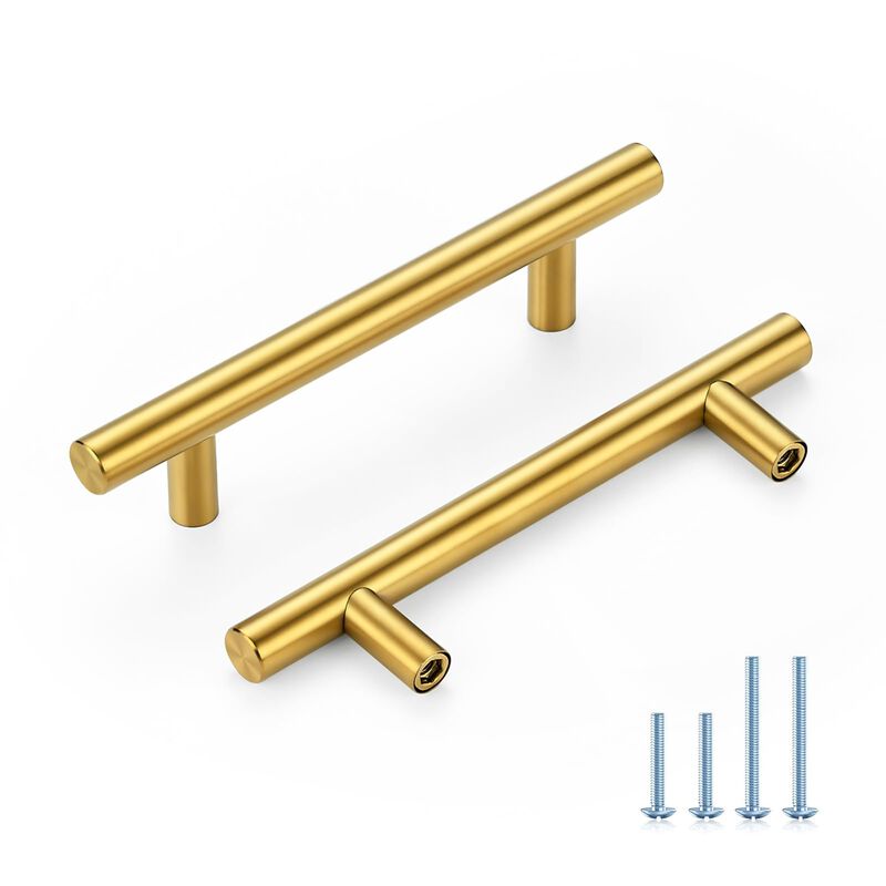HOME EDIT Brushed Brass Cabinet Handles 3-3/4 Inch Hole Spacing, Stainless Steel Drawer Pulls for Cabinets, Kitchen, Bathroom, D