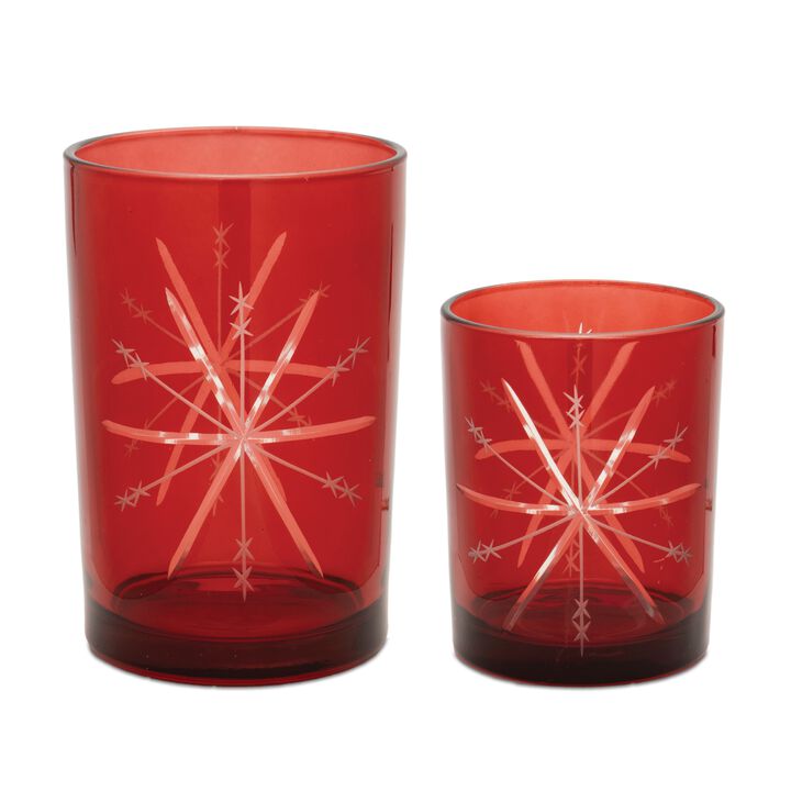 Set of 2 Glass Votive Holders with Snowflake Design for Winter or Holiday Decor