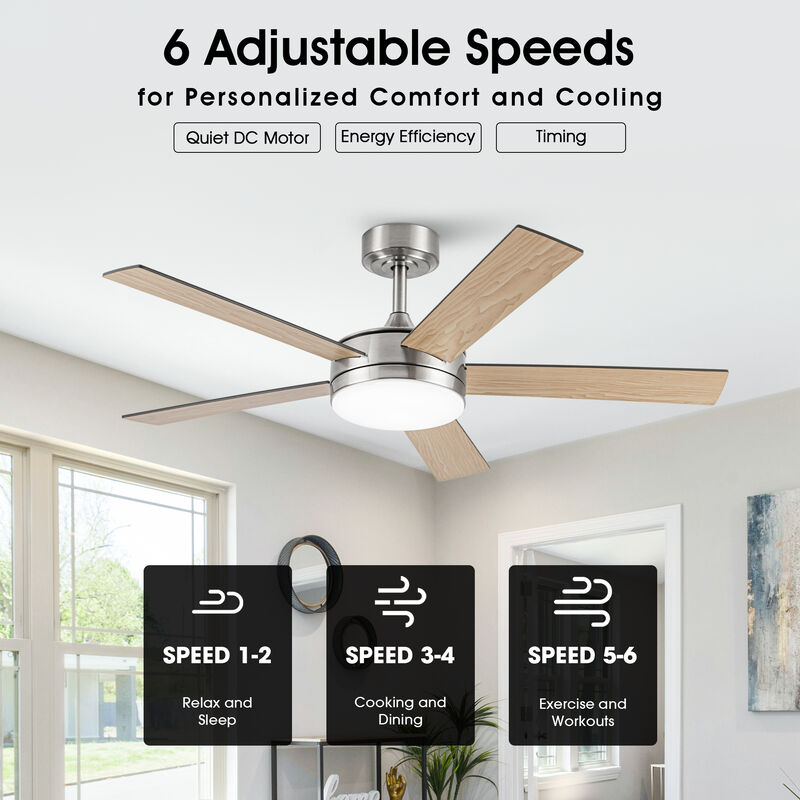 48" Modern Brushed Nickel Reversible 5-blade LED Ceiling Fan with Remote