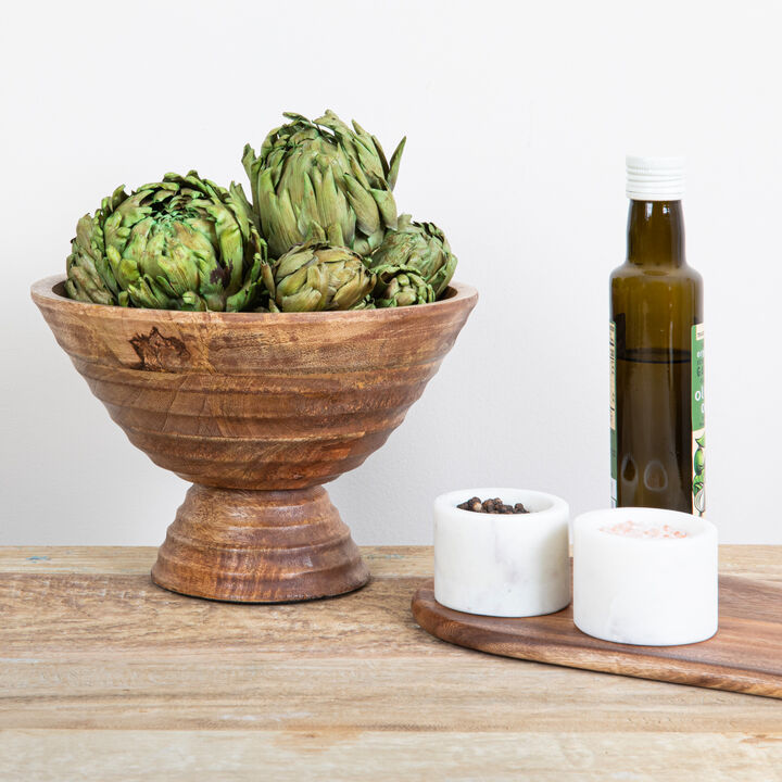 Boho Wood Pedestal Serving Bowl, Light Brown Finish