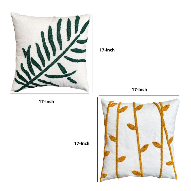 17 x 17 Inch Square Cotton Accent Throw Pillows, Leaf Embroidery, Set of 2, White, Green, Yellow-Benzara