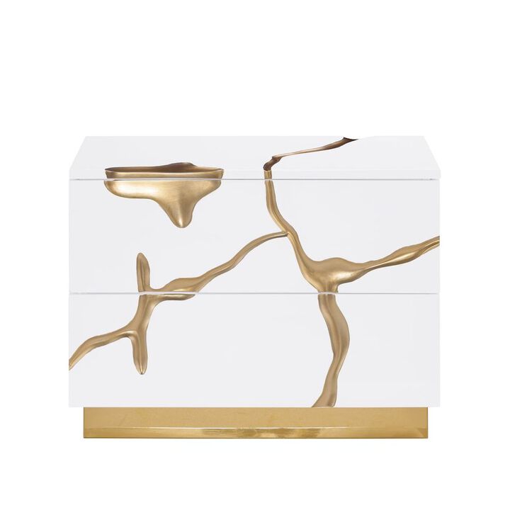 Best Master Furniture Trevello High-Gloss Lacquered Left Nightstand, Gold Accents (White)