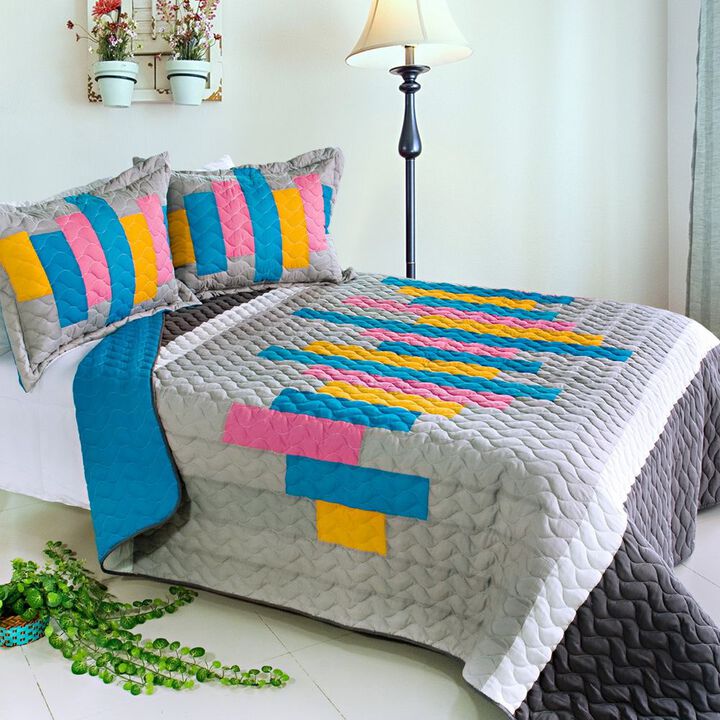 3 Piece Vermicelli Quilted Patchwork Quilt Set Creative Life Collection