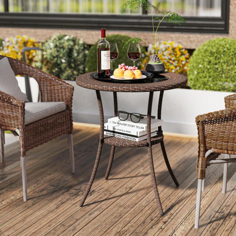Hivvago Round Rattan Wicker Coffee Table with Lower Shelf