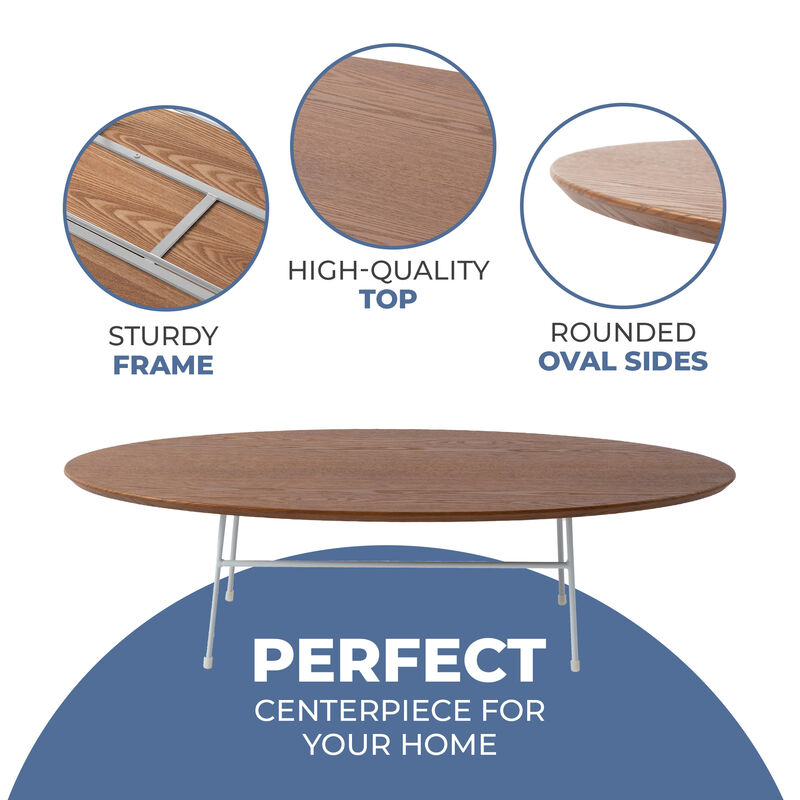 LeisureMod Rossmore Modern Oval Coffee Table with Steel Frame &ndash; Stylish Accent Table for Living Room, Lounge, and Contemporary Spaces