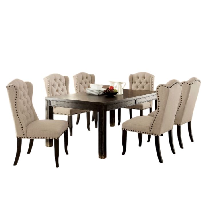 Bega 7pc Dining Table Set, Button Tufted Nailhead Chairs, Black Wood