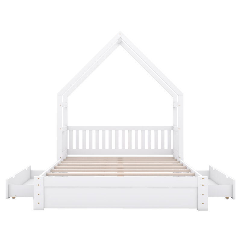 Whisen Queen Size Wood House Platform Bed with Guardrail and 2 Drawers - White