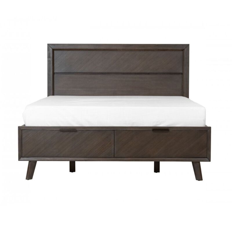 Cid Vein Queen Size Platform Bed, Panel Headboard, 2 Drawers, Brown Acacia - Benzara