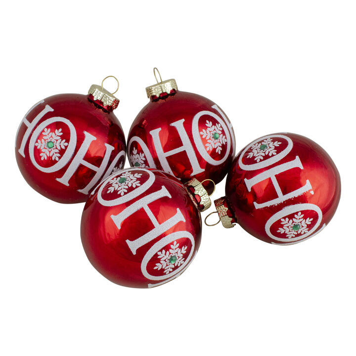 Set of 4 Red Ho Ho Ho Glass Ball Christmas Ornaments 3.25-Inch (80mm)