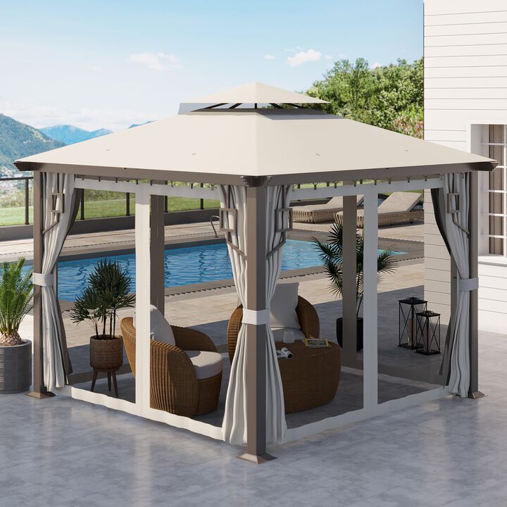 Cream White Garden Pavilion: 10'x10' Aluminum Gazebo with Curtains