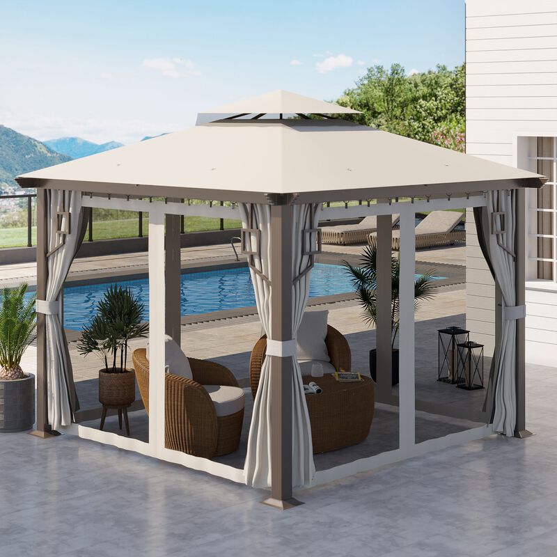 Cream White Garden Pavilion: 10'x10' Aluminum Gazebo with Curtains