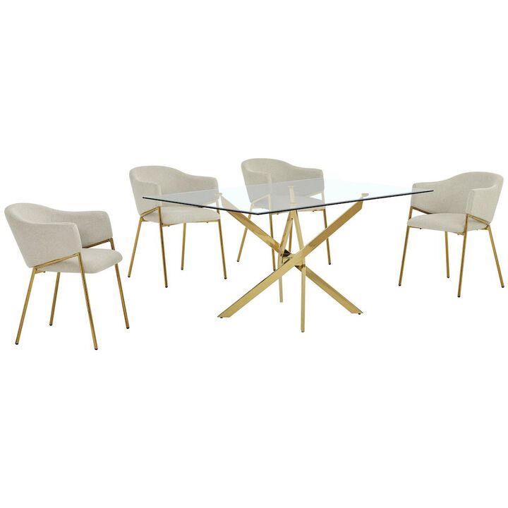 Best Quality Furniture 5Pc Rectangle Glass Dining Table With 4 Beige Side Chairs