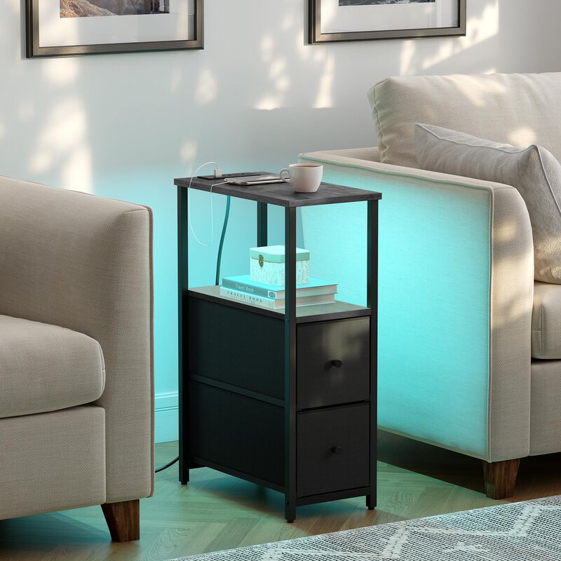 TUTOTAK Small Narrow LED End Table with Charging Station, Side Table Outlets, Nightstand with 2 Cloth Drawers, Set of 2, Couch T