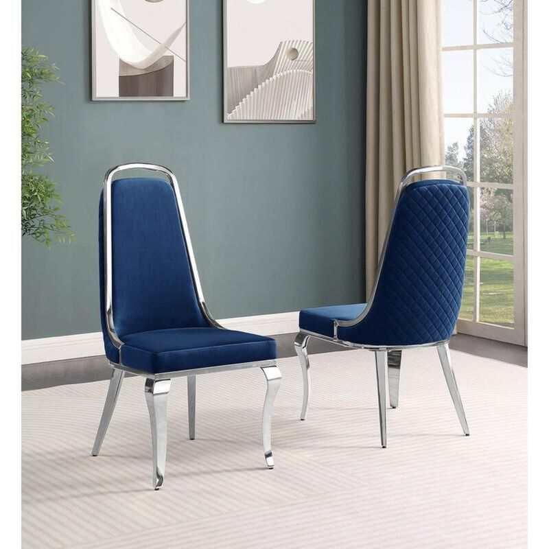Best Quality Furniture Navy Blue Velvet High Back Chair With Silver Chrome Trim, Set Of 2