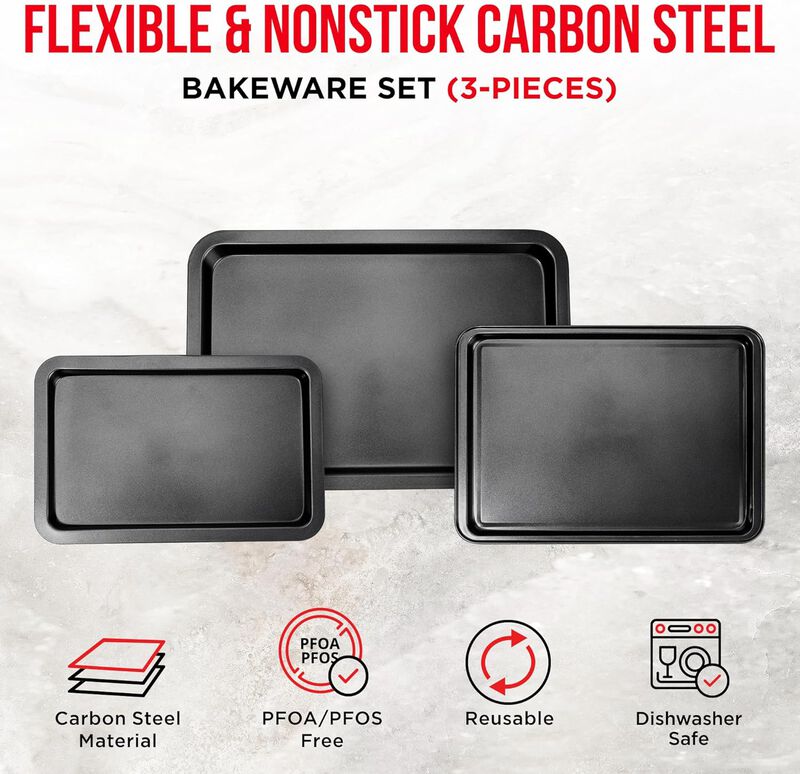 3 Piece Set Nonstick Carbon Steel Oven Bakeware -Professional Quality Kitchen Cooking Baking Trays -PFOA, PFOS, PTFE-Free Small, Medium & Large Baking Sheet Pans