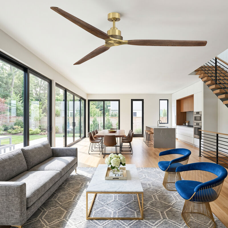 84" Mid Century Modern Natural Brass Solid Wood 6 Speed Extra Large Ceiling Fan No Light with Remote Control image number 2
