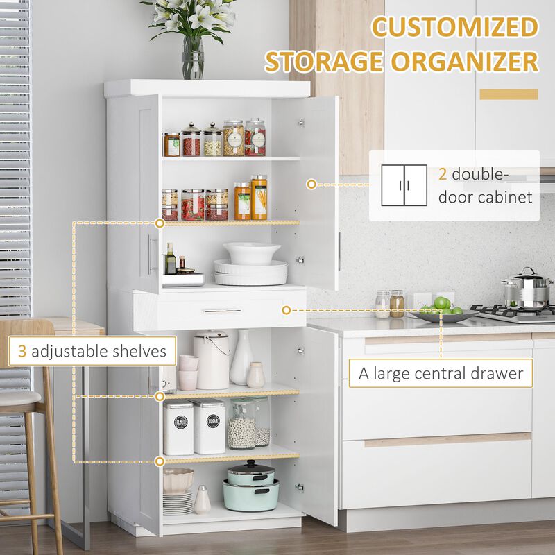 White Kitchen Storage: 4-Door Pantry Cabinet with Drawer and Shelves