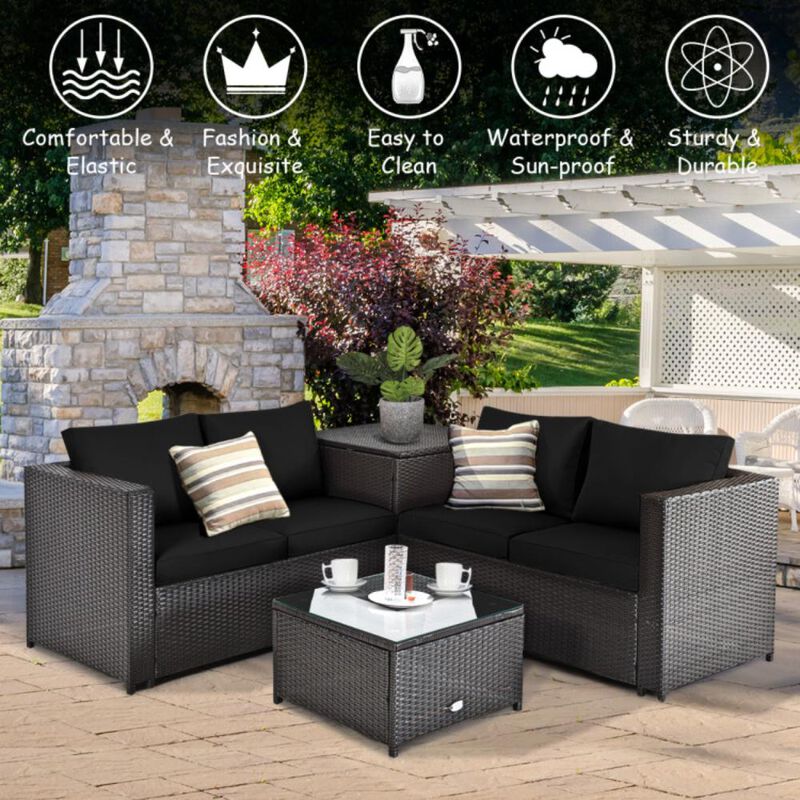Hivvago 4 Pieces Outdoor Patio Rattan Furniture Set with Loveseat and Storage Box