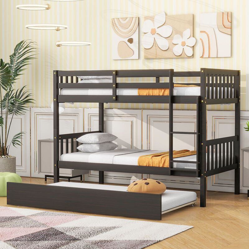 Whisen Twin Over Twin Rubber Wood Bunk Bed with Trundle, Convertible into Twin Size Beds, Twin Size Bunk Bed with Ladder and Safety Guardrails - White