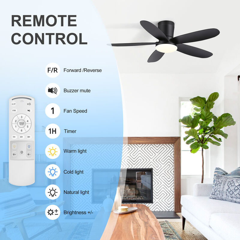 Breezary 42" Flush Mount LED Ceiling Fan with Light, 5 Blade , 6 Speed , Reversible, Quiet Low Profile Fan image number 3