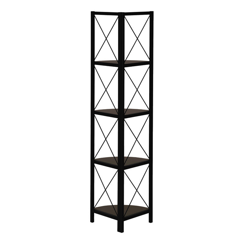 Monarch Specialties I 3645 Bookshelf, Bookcase, Etagere, Corner, 4 Tier, 60"H, Office, Bedroom, Metal, Laminate, Brown, Black, Contemporary, Modern