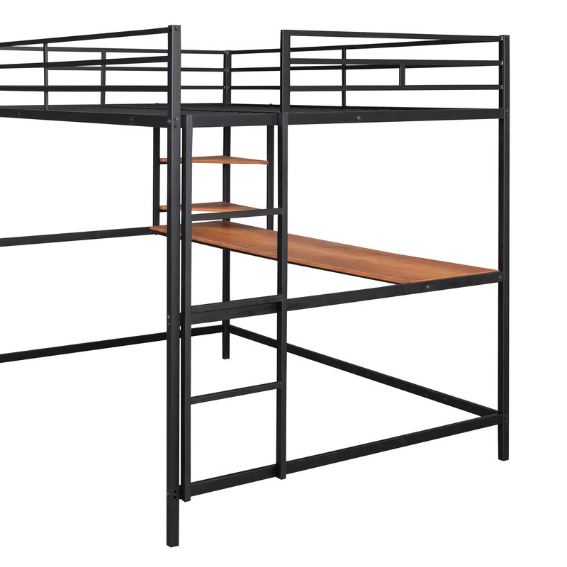 Whisen Full Metal Loft Bed with Desk and Shelve- Black 