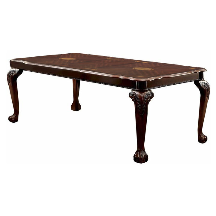 Rectangular Wooden Dining Table with Textured Top and Extendable Leaf, Cherry Brown - Benzara
