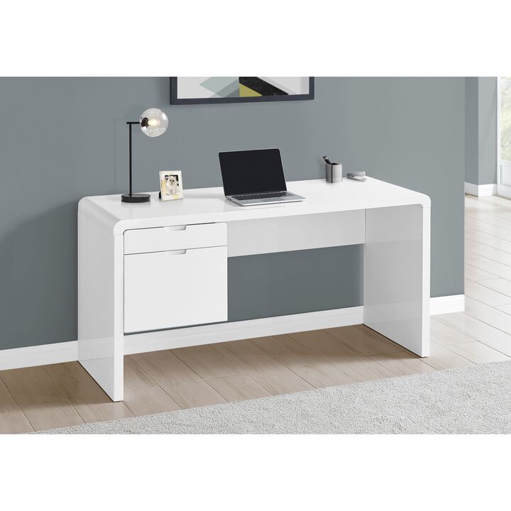 Monarch Specialties Computer Desk, Home Office, Laptop, Left, Right Set-Up, Storage Drawers, 60"L, Work, Laminate, Glossy White, Contemporary, Modern
