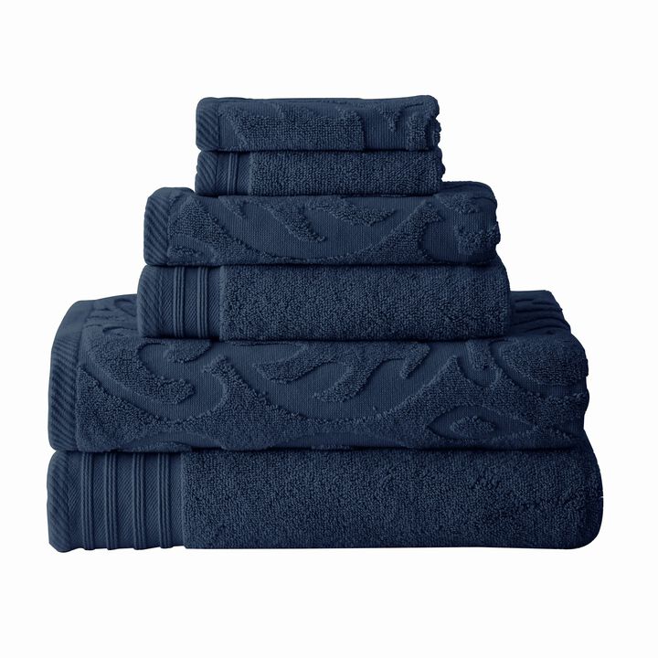 Oya 6 Piece Soft Egyptian Cotton Towel Set, Medallion Pattern, Navy Blue-Benzara