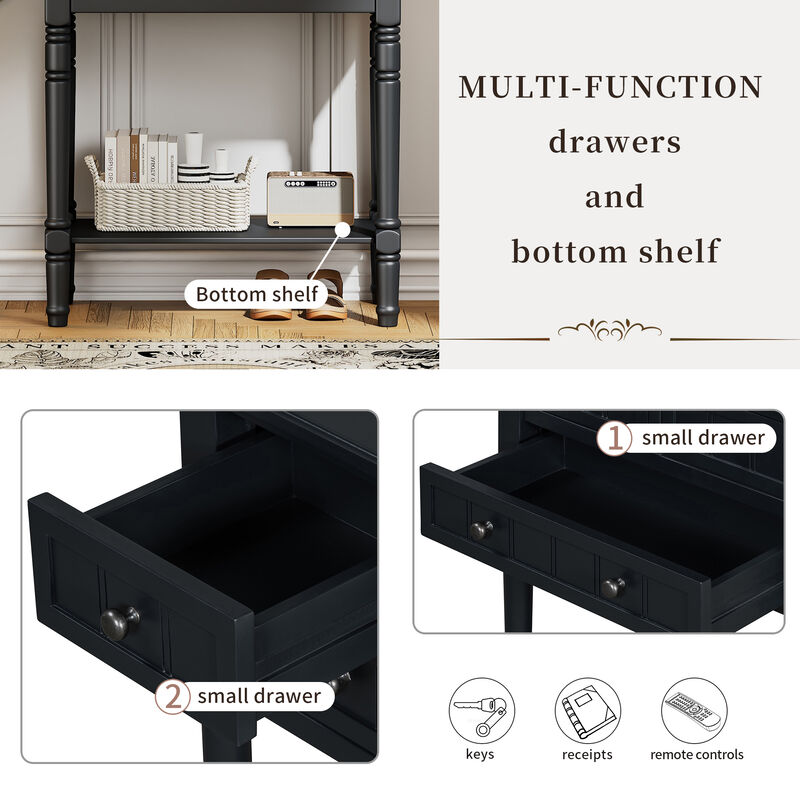 Whisen Narrow Console Table with Three Storage Drawers and Bottom Shelf - Black