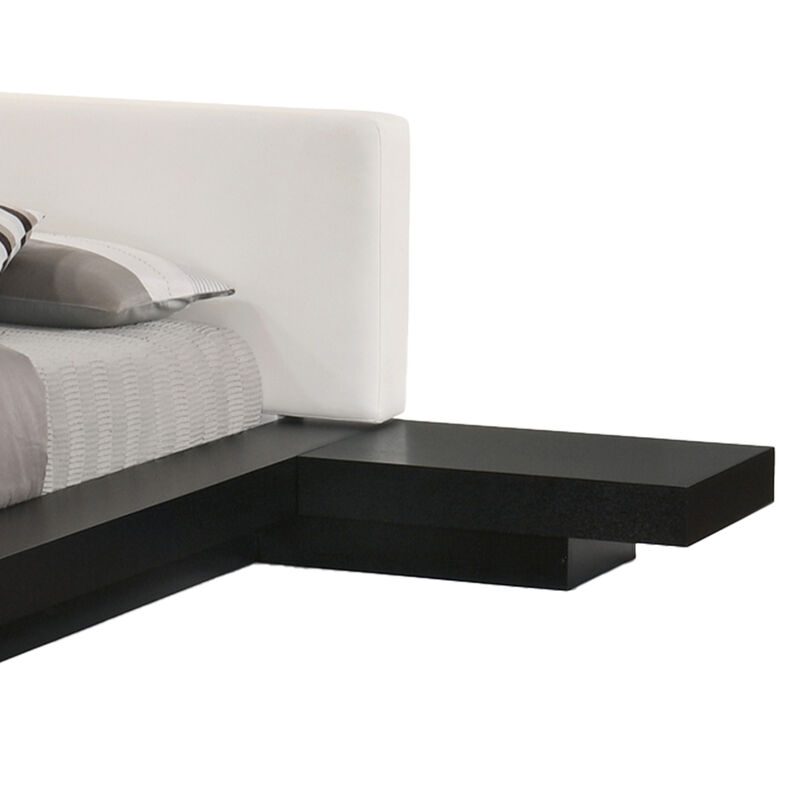 Nia King Platform Bed, White Faux Leather Upholstery Black Nightstands