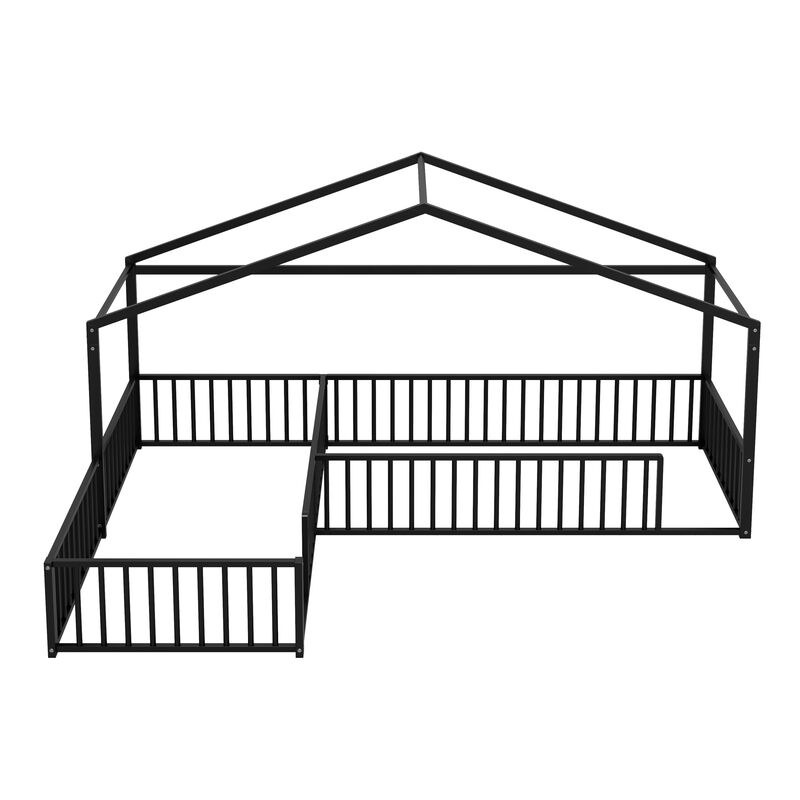 Merax Double Twin Size L-Shaped Montessori Bed, Metal Corner House Bed Frame with Fence image number 0