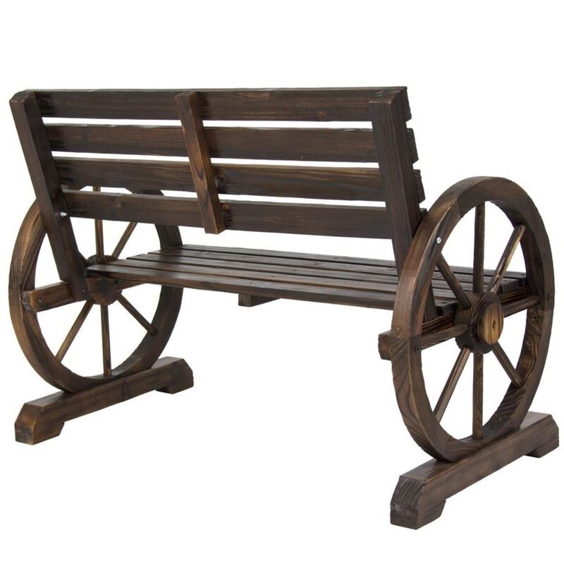 Hivvago 2 Person Farmhouse Wagon Wheel Wooden Bench